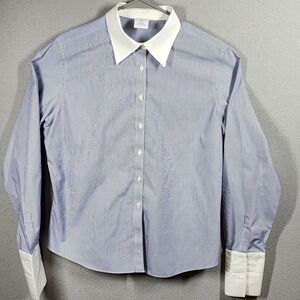 Brooks Brothers Shirt Womens 14 Blue White Stripe Fitted Non Iron French Cuffs